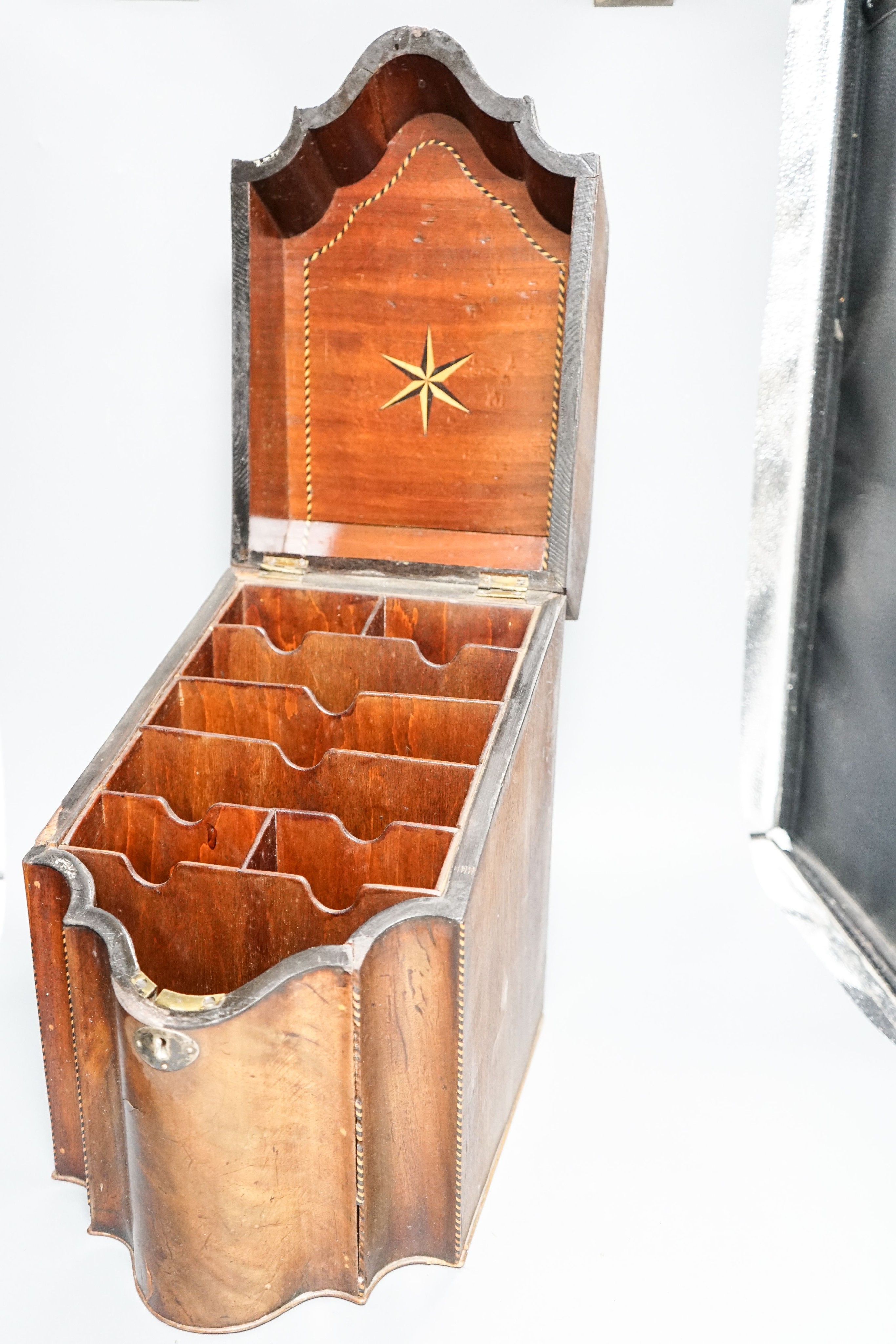 Two George III inlaid mahogany knife boxes (larger converted to a stationery box) 38cm